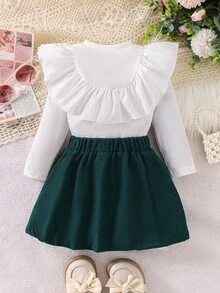 2pcs/Set Girls Ribbed Bow Decor Top And Corduroy Pleated Skirt Suit, Stylish School Style, Spring/Autumn - Dark Green - View 3