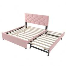 Upholstered Bed, 90x200cm, Bed With Slatted Base (Without Mattress), Bed With Storage Container, Velvet, Minimalist, Pink - Pink + Velvet + 140cm*200cm - View 10