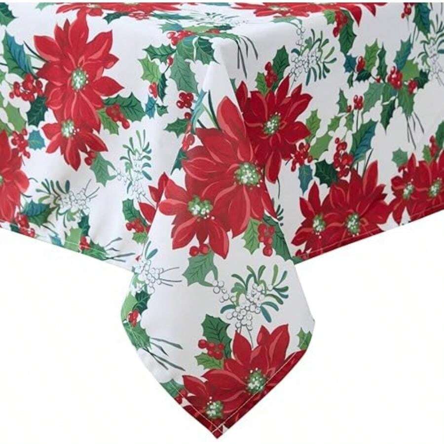 - Mantel Decorativo, Resistente a Las Arrugas y Las Manchas, Repelente Agua, Tela de poliéster Lavable de fácil Cuidado para Comedor, Cocina, día Festivo y Fiestas, 60 x 102 Pulgadas,(259.1 x 177.8 cm (Rectangular) Floral navideño.) - Multicolor - Ver 1