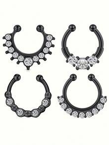 4pcs/Set Punk Style Stainless Steel White Zirconia Inlaid Clip-On Fake Nose Ring - 10mm Inner Diameter, Unisex, Suitable For Daily Wear And Festivals - Fake Septum Rings - View 4