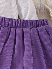 Set de 2 piezas de top acanalado con lazo y falda plisada de pana para niñas, estilo escolar elegante, para primavera/otoño - Morado - Ver 9