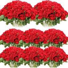 40支仿真玫瑰花束，丝绸假花，逼真长茎玫瑰，适用于婚礼装饰、新娘送礼会中心摆件、花艺布置、派对家居餐桌装饰、生日、周年纪念、节日等场合。 - 紅色 - 查看 12
