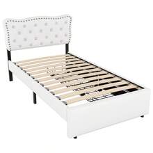 Flat Bed 90*200, Padded Bed, Bedside Table Cushion With Decorative Studs, Double Drawers, Light Beige Color - 淺米色 + 中密度纖維板 + 90公分*200厘米 - 查看 11