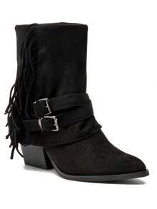 RevReaL Suede Fringe Ankle Boots – Western Style With Decorative Buckles, Side Zipper Buckles, Festive. - Black - View 2