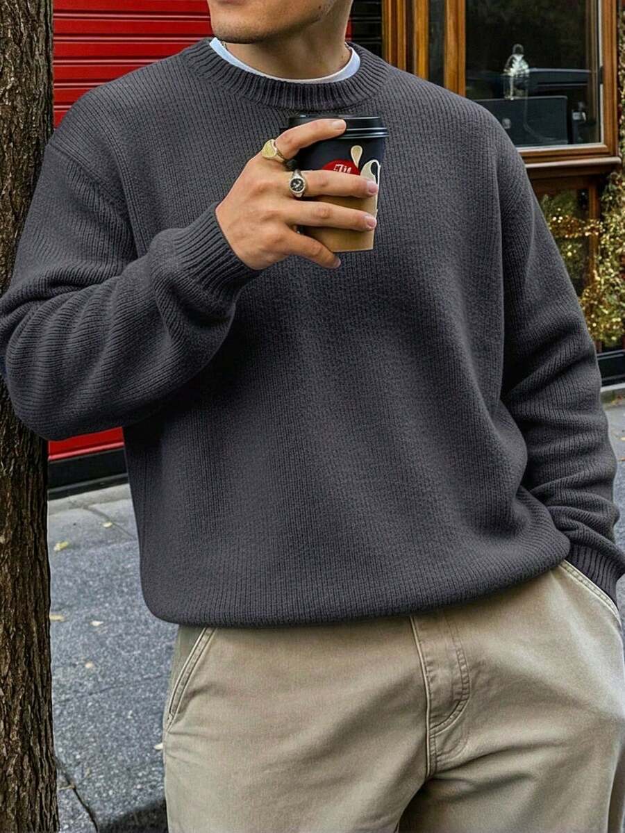 男士休闲宽松简约通勤高端日常百搭纯色针织长袖圆领套头毛衣,秋冬款 - 灰色 - 查看 1