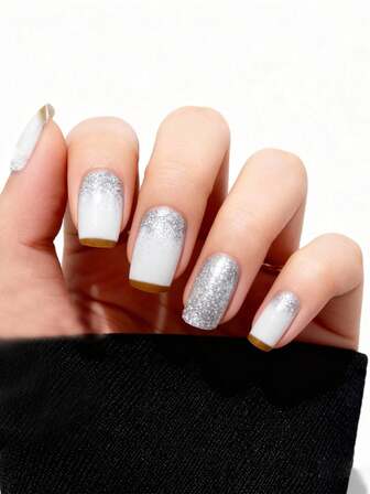 24pcs/Box Medium-Long Square Glitter Silver French Manicure Nail Stickers, Fashionable Shiny Fake Nails With Gel And Nail File, Suitable For Women And Girls