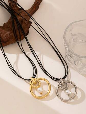 1pc Minimalist Round Geometric Pearl Pendant Leather Cord Necklace For Women