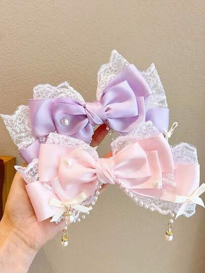 1个女童蝴蝶结蕾丝珍珠流苏网纱发夹甜美马尾辫顶部发夹可爱百搭款式适合日常佩戴