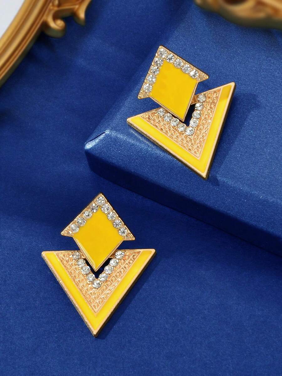 Rhinestone Geo Decor Earrings - Yellow - View 1