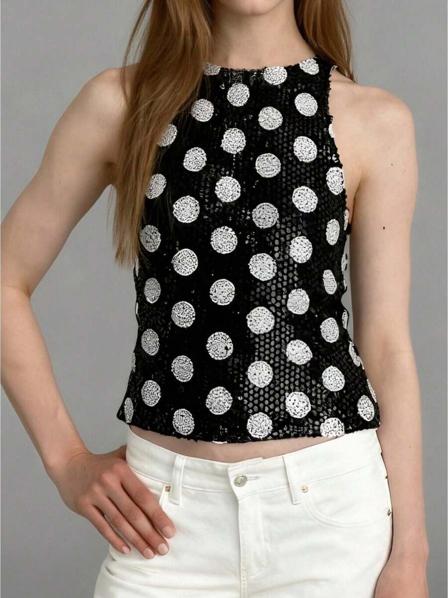 Women Tank Tops Sleeveless Crew Neck Dot Sequin Decor Summer Going Out Vest Shirts - 黑色 - 查看 1