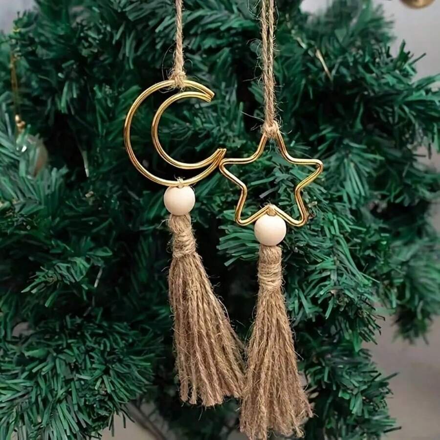 6pcs Bohemian Style Metal Crescent Moon Tassel Hanging Decor, Fashionable Star & Moon Pendant, With Hemp Rope Tassel Ornaments, Religious Theme, Suitable For Ramadan Holidays, Eid Al-Fitr, Ramadan Decoration, Party Decor, Wall Decor - Multicolor - View 1