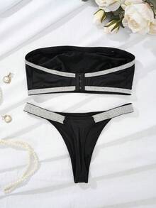 Women 2pcs/Set Lingerie Silver Thread Design Strapless Bandeau Bra And G-String Panty - Black - View 2