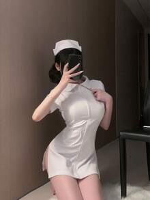 性感内衣万圣节服装，白色天使护士角色扮演性感舞台服装，包括连衣裙和头饰 - 白色 - 查看 11