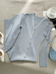 Yuwenier Elegant V-Neck Long Sleeve Fitted Ribbed Knit Gray Maxi Sweater Dress, Button Front, Regular Hem, Suitable For Casual Wear In Autumn/Winter - Grey - View 8