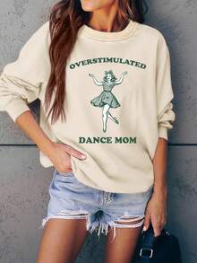 New Women's Sweatshirt Long Sleeve Crew Neck Graphic Sweatshirt "Overstimulated Dance Mom" For Women - Casual Green Sweatshirt With Playful Dance Design, Perfect For Spring And Autumn, Casual Clothing| Playful Design| Ajuste CómodoLoose And Comfortable - 杏 - 查看 1