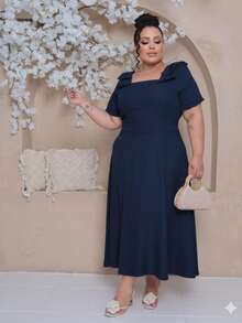 Women's Plus Size Midi Dress With Lined Square Neckline, Short Sleeves, Shoulder Tie, Padded Cups And Elastic Back In Duna Linen - Elegant Fashion Party Dress - 藏蓝色 - 查看 2