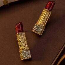 一对时尚优雅奢华的独特口红造型镀金耳环，适合女性日常佩戴、节日装扮、度假穿着、送给女朋友的礼物、珠宝配饰 - 金色 - 查看 1