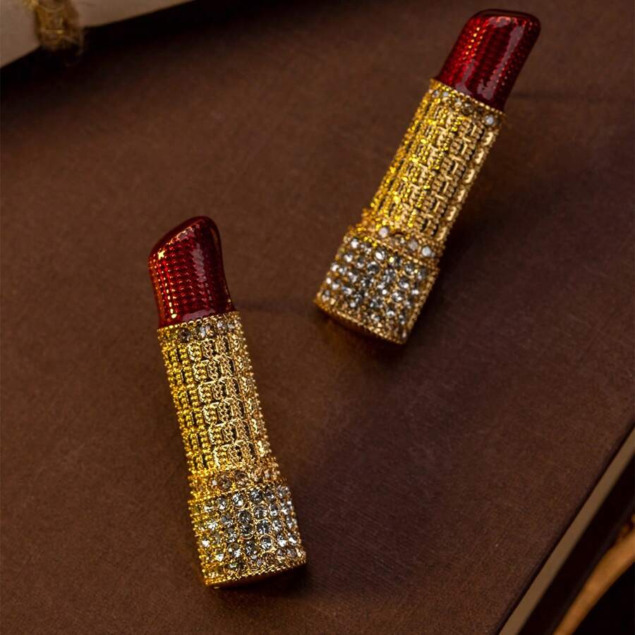 一对时尚优雅奢华的独特口红造型镀金耳环，适合女性日常佩戴、节日装扮、度假穿着、送给女朋友的礼物、珠宝配饰 - 金色 - 查看 1