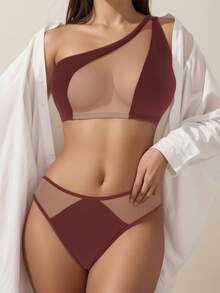 Women's Sexy Mesh Patchwork One-Shoulder Bra Set (Includes Panty) - Burgundy - View 3