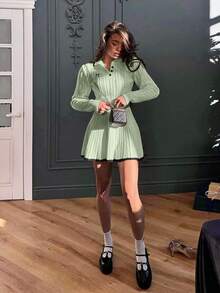 2026 春季蝴蝶刺绣修身长袖 Polo 衫及收腰中长裙两件套，女士两件套，女士演唱会服装，女士情人节服装，新年服装，Y2K 女装，节日服装，女士派对服装，女士度假服装，女士节日服装，女士春季服装，女士夏季服装，女士生日服装，女士邮轮服装 - 淺綠色 - 查看 4