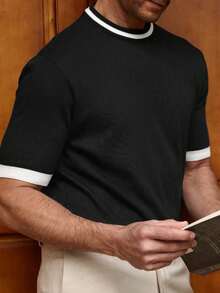 ALTZTAR Men's Round Neck Short Sleeve Solid Color Patchwork Casual Knit Top - Black - View 3