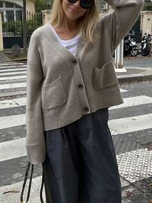 Fall Clothes For Women Minimalist Beige Knit Cardigan Button With Front Pockets – Effortless Everyday Style