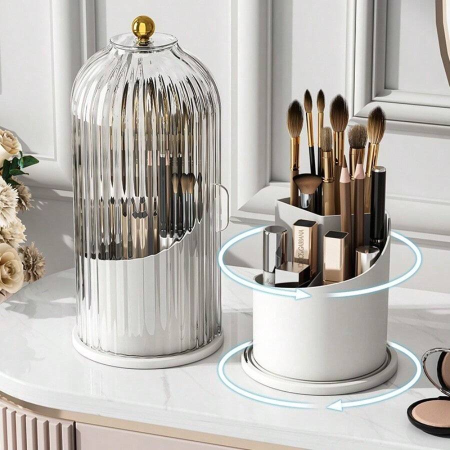 Rotating Makeup Brush Storage Container, Dressing Table Pen Holder, Lipstick Organizer, Dustproof Divided Desktop Makeup Storage Box, Skincare Product Rotating Makeup Brush Storage - Whitle - View 1