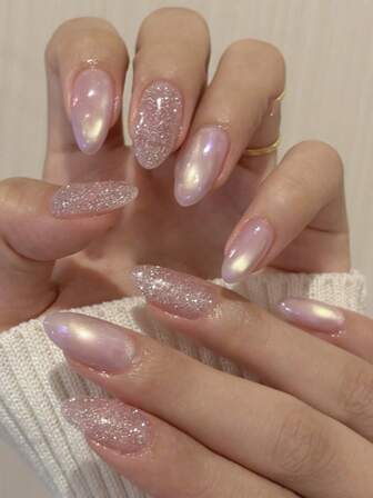 24pcs Cat Eye Nails Press On Nude Press On Nails Short Fake Nails Almond Shape False Nails Manicure Set Includes 1sheet Adhesive Tabs & 1pc Mini File Perfect For Everyday Wvear