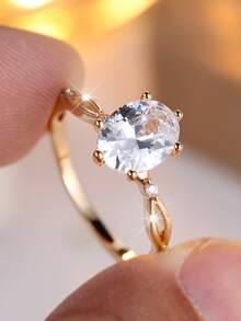 1枚女士大号长方形宝石戒指，银色白色立方氧化锆方形结婚订婚戒指珠宝礼品 - 金黃色+白 - 查看 2