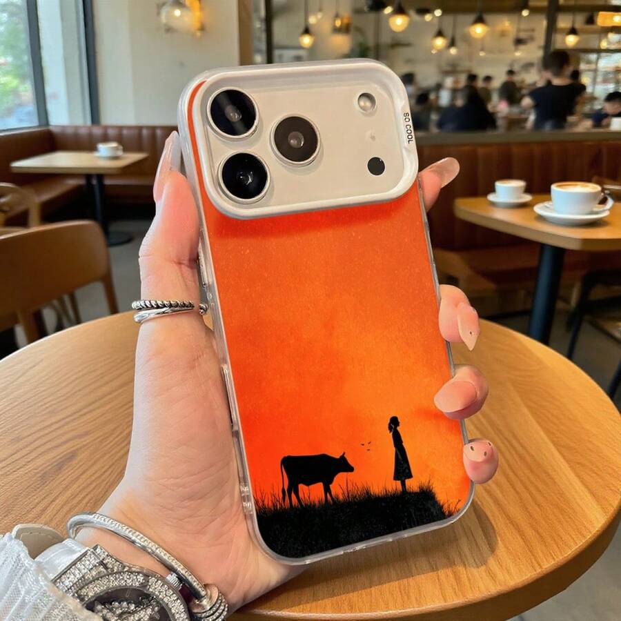 Funda de Teléfono Diseño de Silueta de Vaca Naranja y Niña para 14 Pro Max 13 Pro Galaxy S23 S22 Plus Ajuste Universal para Todas las Estaciones Opción de Regalo Ideal - Plateado - Ver 1