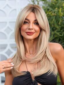 Peluca sintética resistente al calor de 18 pulgadas para mujeres de TOPSHE, peluca rubia de longitud media con flequillo en forma de ocho, moda para uso diario y fiestas - Dorado - Ver 5