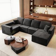 Devoko 126" U-Shape Sofa Bed With Deep Seat, Boneless Cloud Sofa With Pillows, High-Resilience Foam Corduroy  Sofa Chair For Living Room, Black - 黑色 - 查看 1