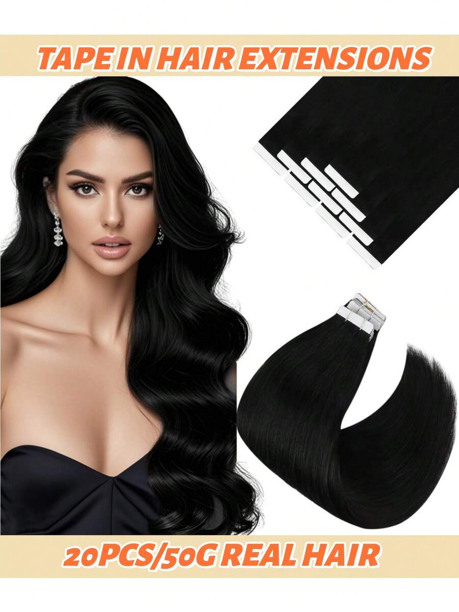Extensions adhésives 50 g en cheveux naturels noirs naturels, invisibles, sans couture, double face, lisses et soyeuses, pour femme, cadeau idéal, 20 pièces/paquet (#1B Noir naturel) - S1B - Voir 1