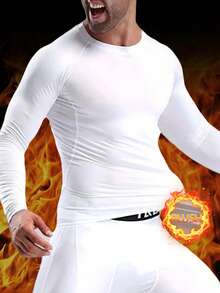 Men's Pure Black Long-Sleeved Thermal Underwear Top, Round Neck Style, Highly Elastic, Quick-Drying And Breathable, Fashionable And Slim With Sports Attributes, Can Be Used As Fitness Clothes, Running Training Clothes, Cycling Clothes, Winter Style Suitable For Outdoor Skiing In Cold Weather, Suitable For Keeping Warm In Autumn And Winter - 白色 - 查看 4