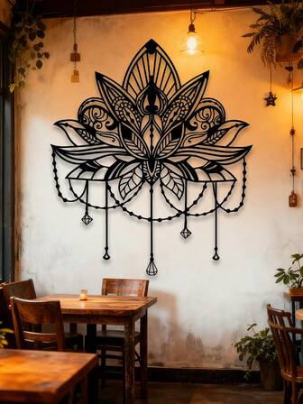 1-Piece Mandala Metal Wall Decoration, Black With Hanging Chain, Suitable For Decorating A Spiritual Home, Extra-Large Lotus Metal Wall Decoration, Bed Decoration, Gift For Yoga Enthusiasts, Metal Crafts, Or Hanging In The Living Room - An Elegant Housewarming Or Christmas Gift.