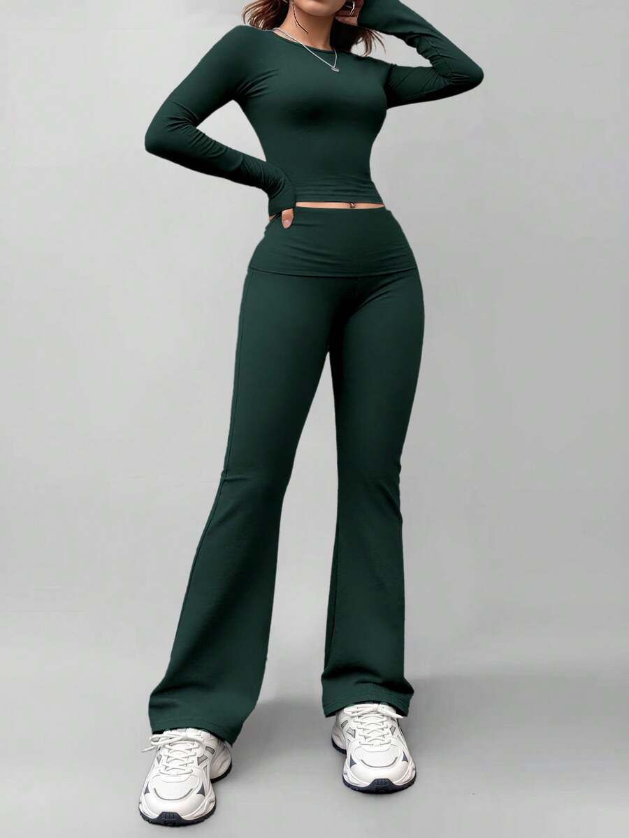 Women's Round Neck Long Sleeve T-Shirt And Pants Casual Matching Set, Versatile For Spring - Dark Green - View 1
