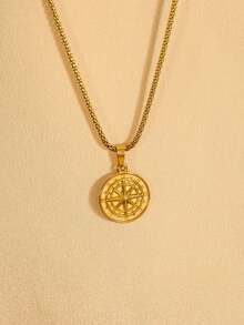 1pc 18K Gold Plated Fashionable Versatile Viking Nordic Style Metal Compass Pendant Necklace, Stainless Steel High-End Daily Wear For Men - Yellow Gold - View 3