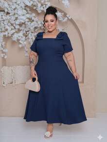 Women's Plus Size Midi Dress With Lined Square Neckline, Short Sleeves, Shoulder Tie, Padded Cups And Elastic Back In Duna Linen - Elegant Fashion Party Dress - 藏蓝色 - 查看 3