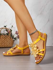 Women's Floral Decor Open Toe Elegant Sandals, Summer Fairy Tale Style Lightweight Vacation Sandals - Mustard Yellow - View 6