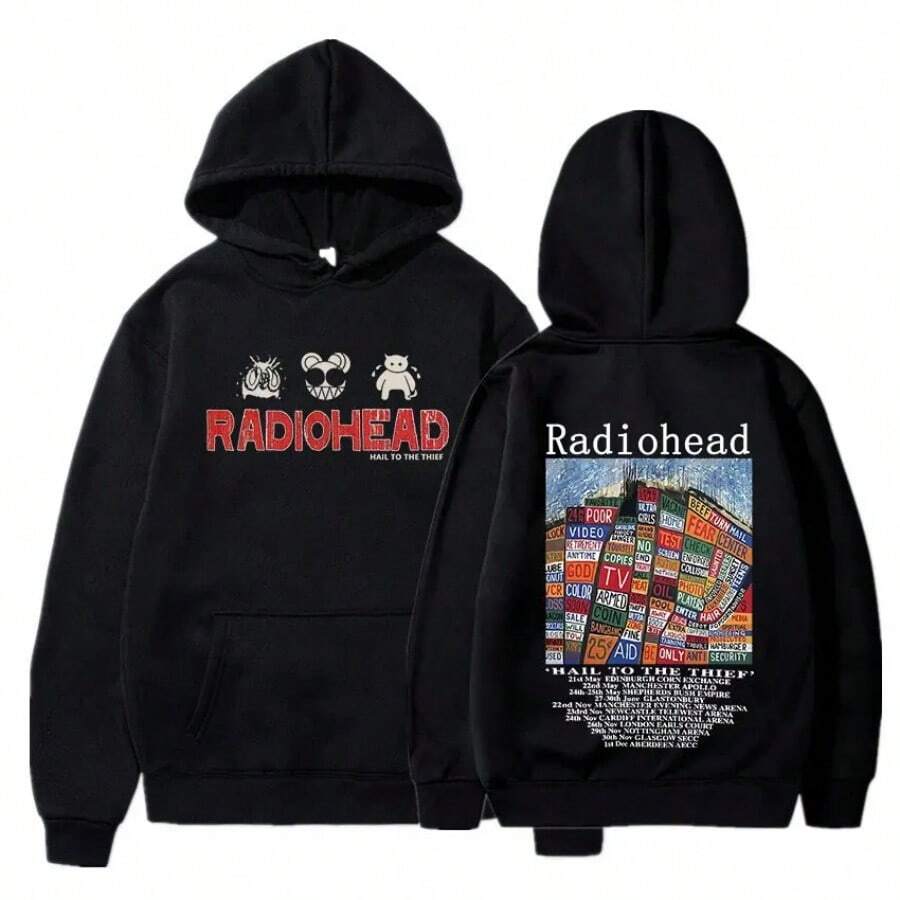 2025 Autumn Winter Vintage Rock Band RadioheadS 100% Pure Cotton Printing Hoodie Hip Hop Everything Music Album Oversize Y2k - 黑色 - 查看 1