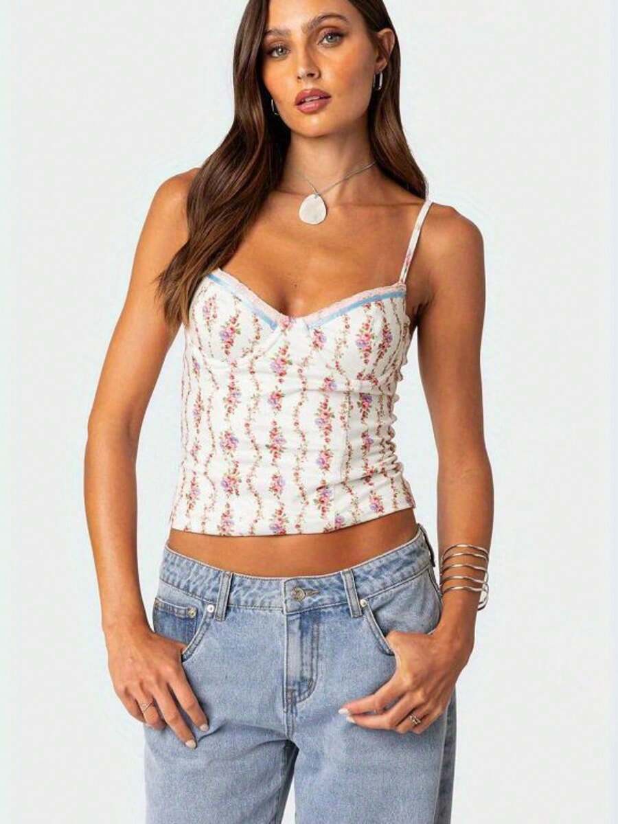 Printed V-Neck Back Lace-Up Strappy Top - Spring And Summer Short-Sleeved Strappy Top. - 白色 - 查看 1