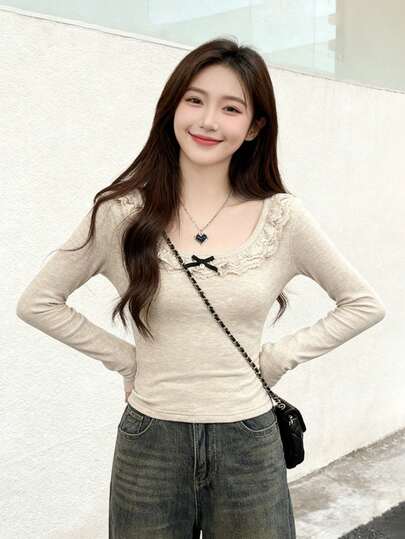 纯色蕾丝花边圆领长袖T恤