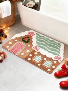1pc Pink & Green Christmas Star House Bathroom Mat Carpet, Sweet & Cute Style Girly Carpet, Fluffy Comfortable Faux Wool Carpet, Living Room Carpet, Bedroom Carpet, Entryway Carpet, Kitchen Carpet, Bedside Carpet, Durable & Dust-Proof, Gift For Family, New Year Gift, Christmas Gift