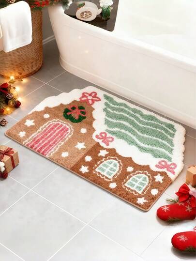 1pc Pink & Green Christmas Star House Bathroom Mat Carpet, Sweet & Cute Style Girly Carpet, Fluffy Comfortable Faux Wool Carpet, Living Room Carpet, Bedroom Carpet, Entryway Carpet, Kitchen Carpet, Bedside Carpet, Durable & Dust-Proof, Gift For Family, New Year Gift, Christmas Gift