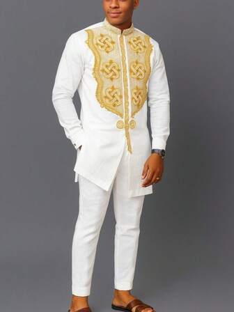 2 件套男士白色 Dashiki，金色刺绣，优雅皇家风格，长袖中式领衬衫和松紧腰裤，非洲服装，男士套装，适合派对、约会、婚礼、日常穿着、文化活动、传统仪式和庆典