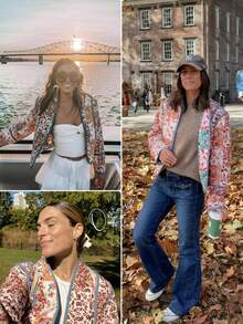 Women's Reversible Floral Quilted Jacket Cropped Puffer Cardigan Open Front Lightweight - 棕色 - 查看 2