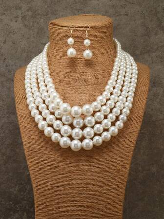 Multilayer Exaggerated Handmade Beaded Faux Pearl Bohemian Middle Eastern European American Necklace Set With Necklace And Earrings