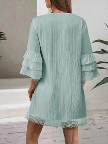Plus Size Women's Embroidered V-Neck Autumn Dress, Decorated With Colorful Tassels, Ruffle Hem 3/4 Sleeves, Bohemian Style Knee-Length Dress, Embroidered Tassel Trim At Neckline, Layered Half Sleeves Design. Elegant - Mint Green - View 3