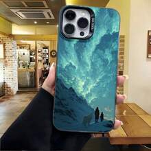 Cubierta de telefono con borde metálico azul oscuro diseño de montañas nevadas y siluetas de personas caminando bajo cielo estrellado para uso diario en cafeterías y espacios urbanos - Negro - Ver 4