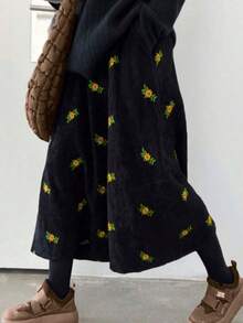 秋冬复古棕色灯芯绒绣花裙，秋季及膝绣花裙，校服裙，复古老钱裙，万圣节和圣诞节裙 - 黑色 - 查看 5